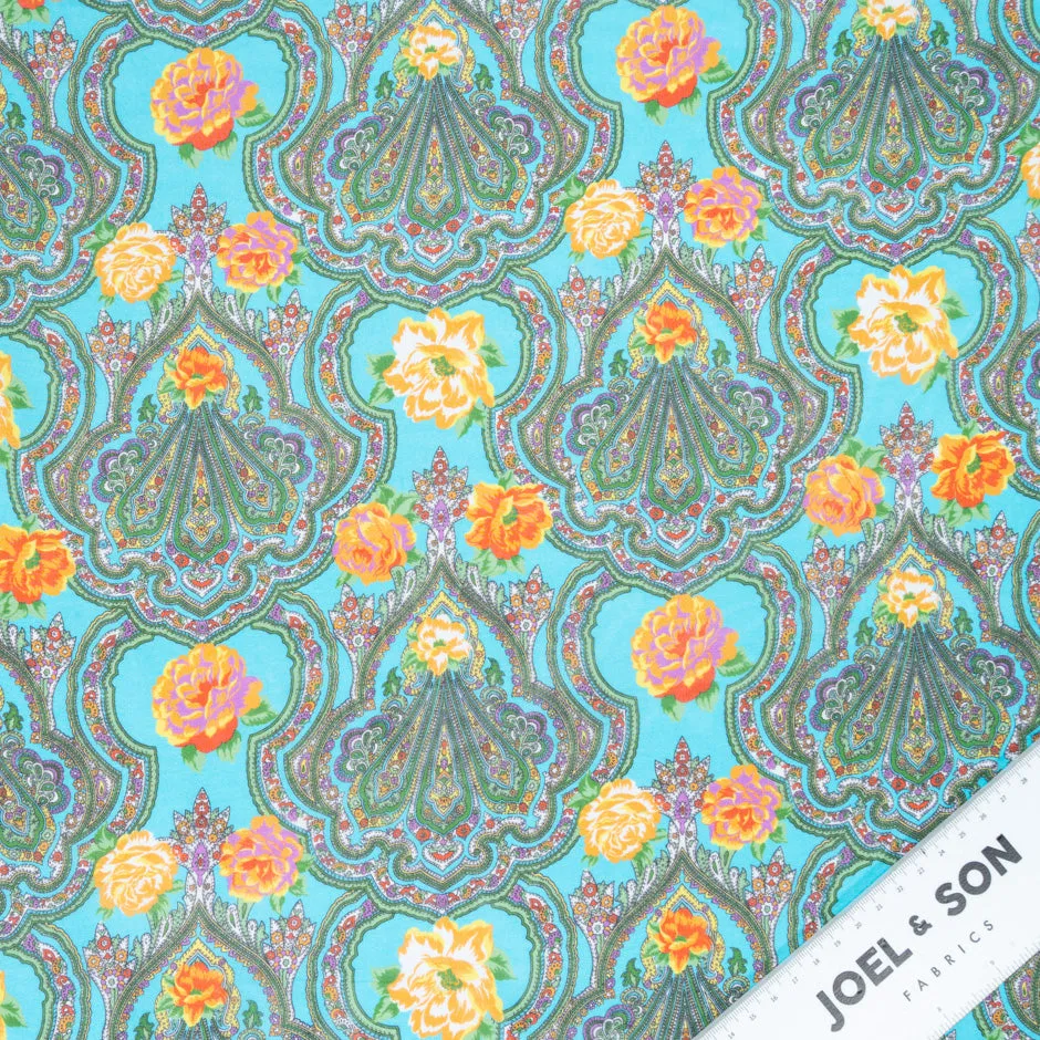 Multi-Coloured Paisley Printed Turquoise Silk Georgette