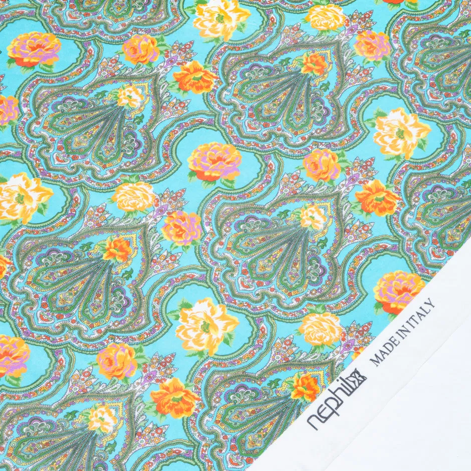 Multi-Coloured Paisley Printed Turquoise Silk Georgette