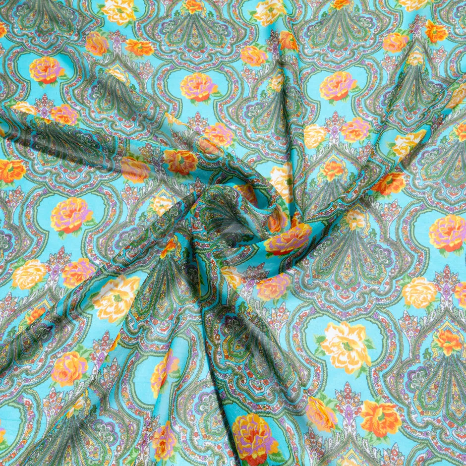 Multi-Coloured Paisley Printed Turquoise Silk Georgette