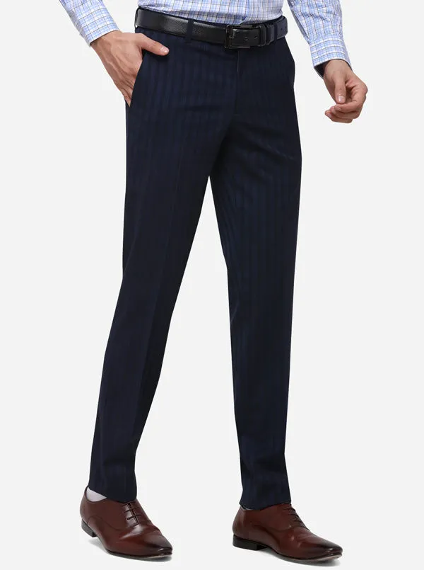 Navy Blue Super Slim Fit Striped Formal Trouser | JadeBlue