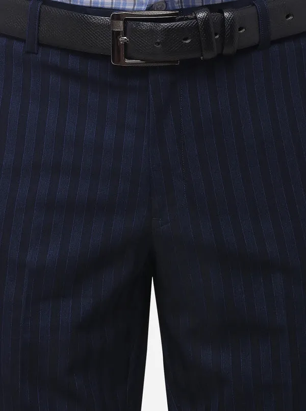 Navy Blue Super Slim Fit Striped Formal Trouser | JadeBlue