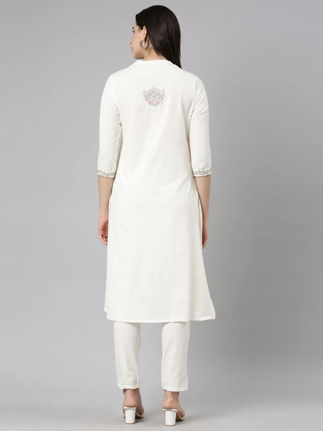 Neerus Cream Regular Straight Solid Kurta And  Trousers