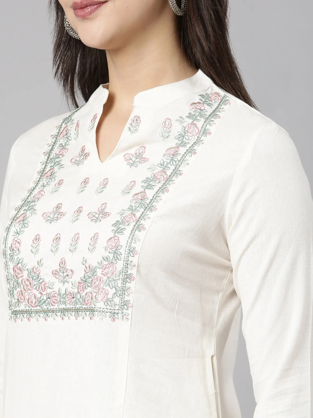 Neerus Cream Regular Straight Solid Kurta And  Trousers