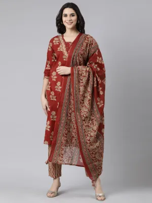 Neerus Rust Regular Straight Floral Kurta And  Trousers With Dupatta