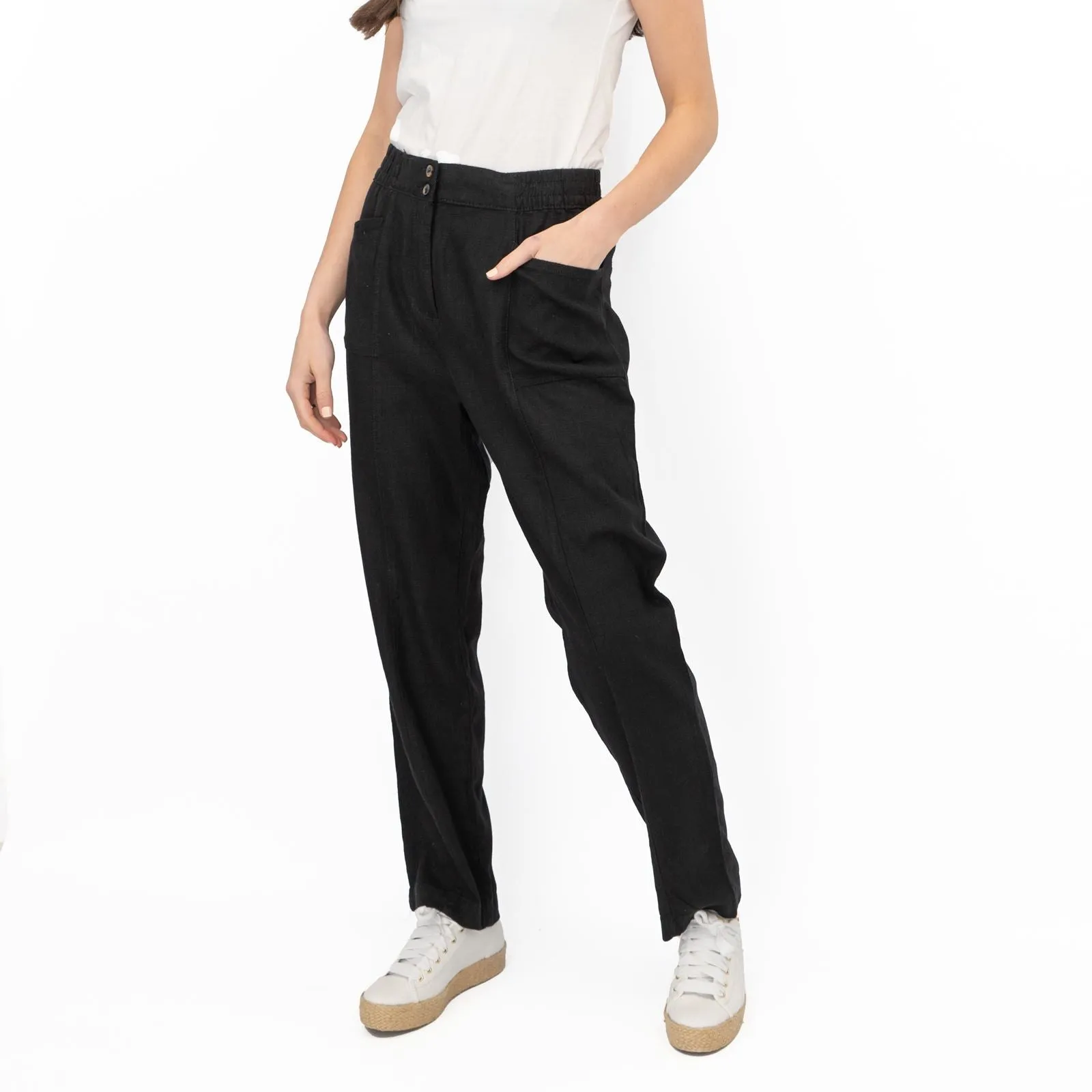 Next Linen Trousers Straight Leg Black