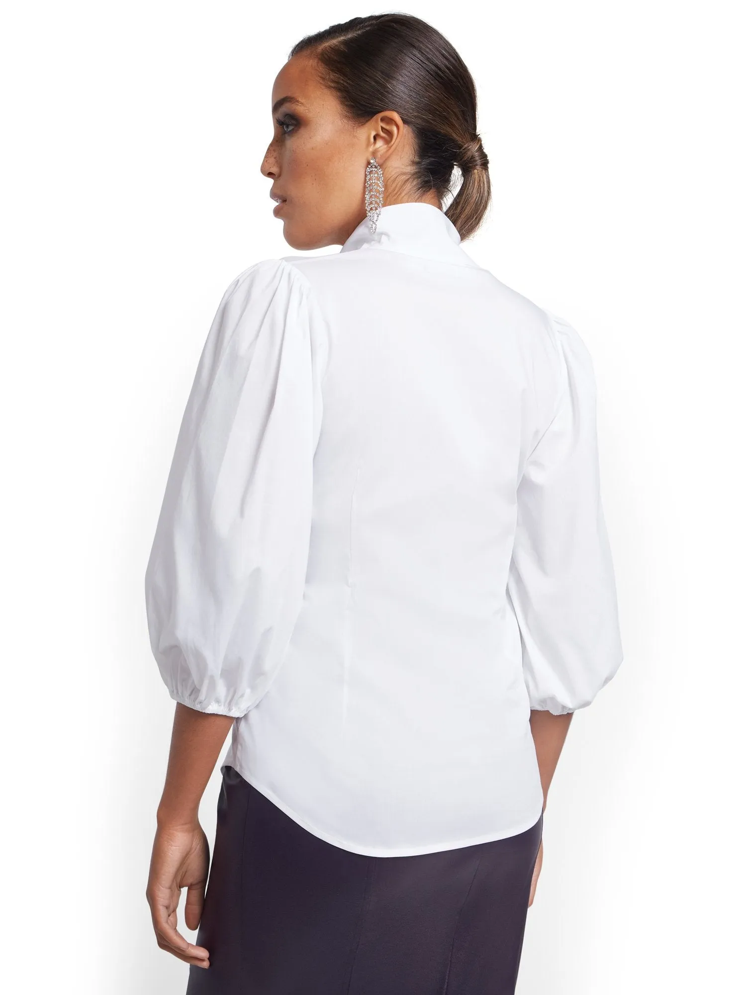 Puff-Sleeve Drama Bow Poplin Shirt