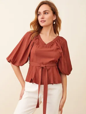 Tie Back Bishop Sleeve Belted Top