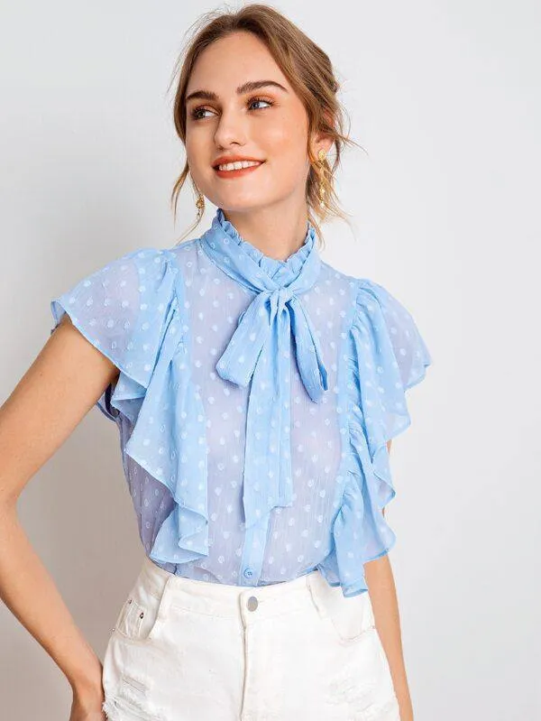 Tie Neck Ruffle Armhole Swiss Dot Semi Sheer Blouse