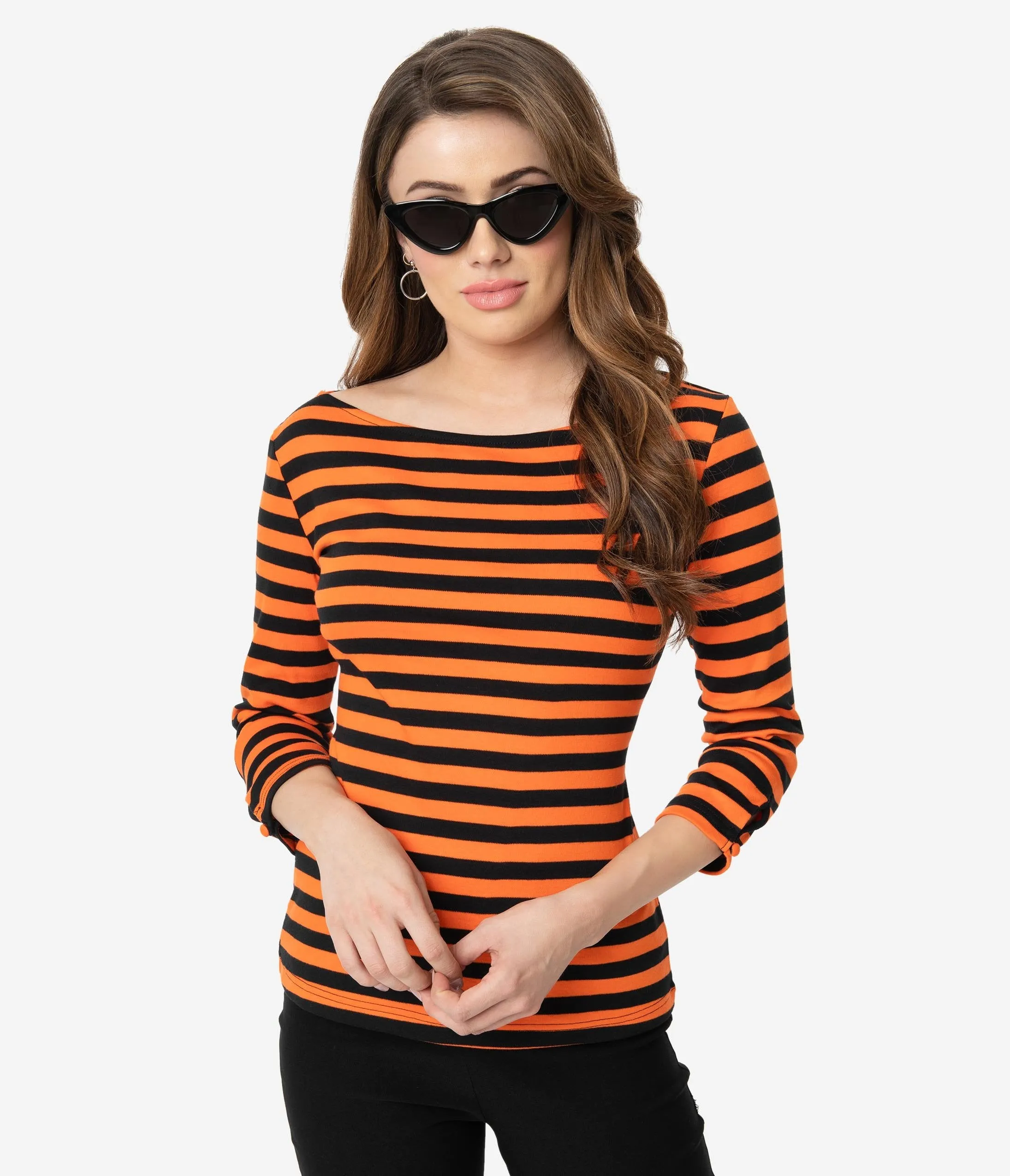 Unique Vintage Black & Orange Stripe Knit Three-Quarter Sleeve Gracie Top