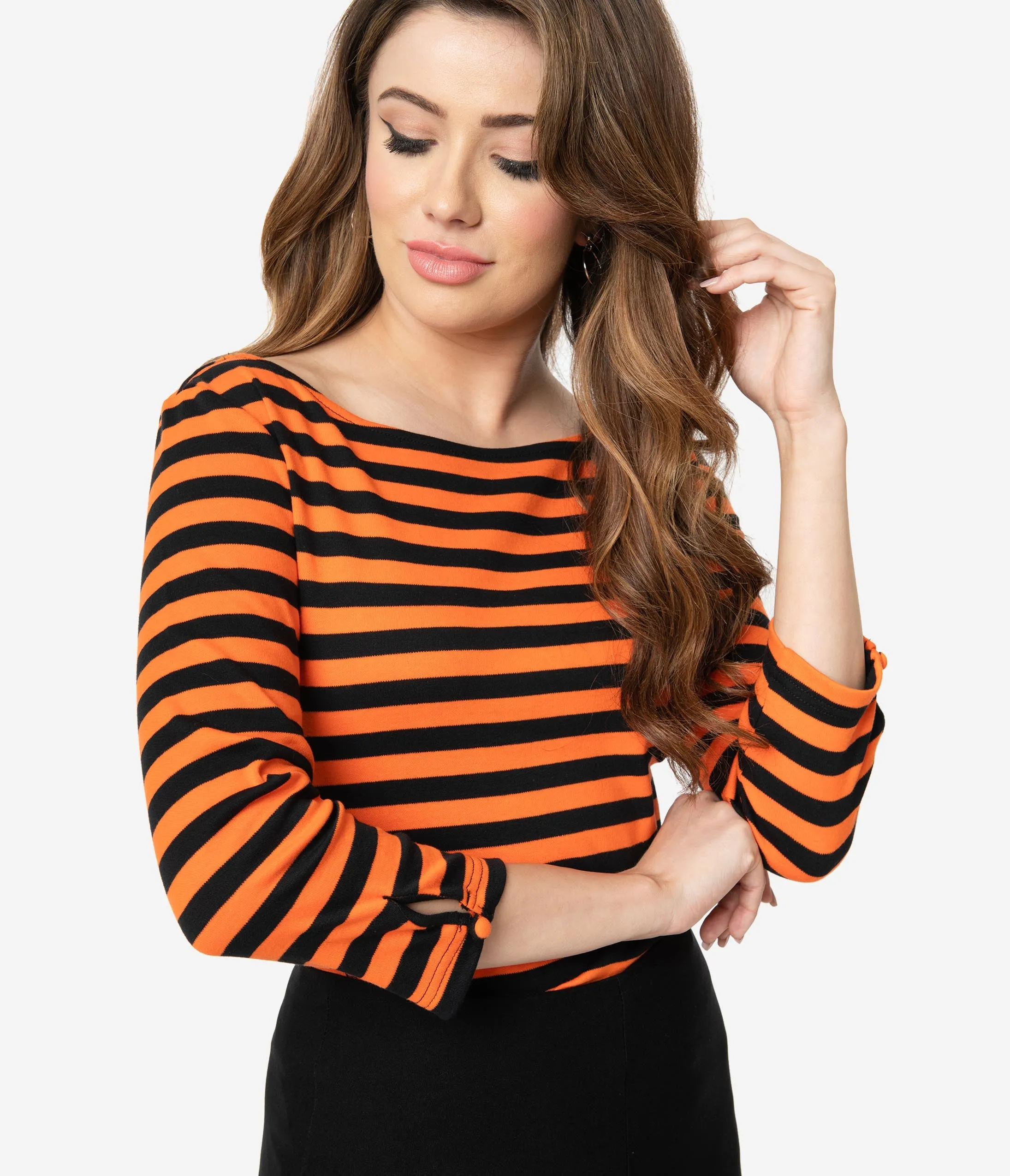 Unique Vintage Black & Orange Stripe Knit Three-Quarter Sleeve Gracie Top