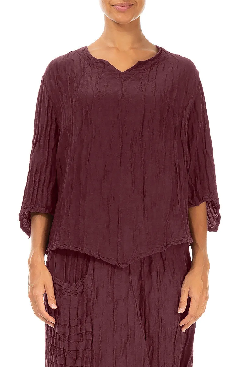 V-Neck Crinkled Merlot Silk Blouse