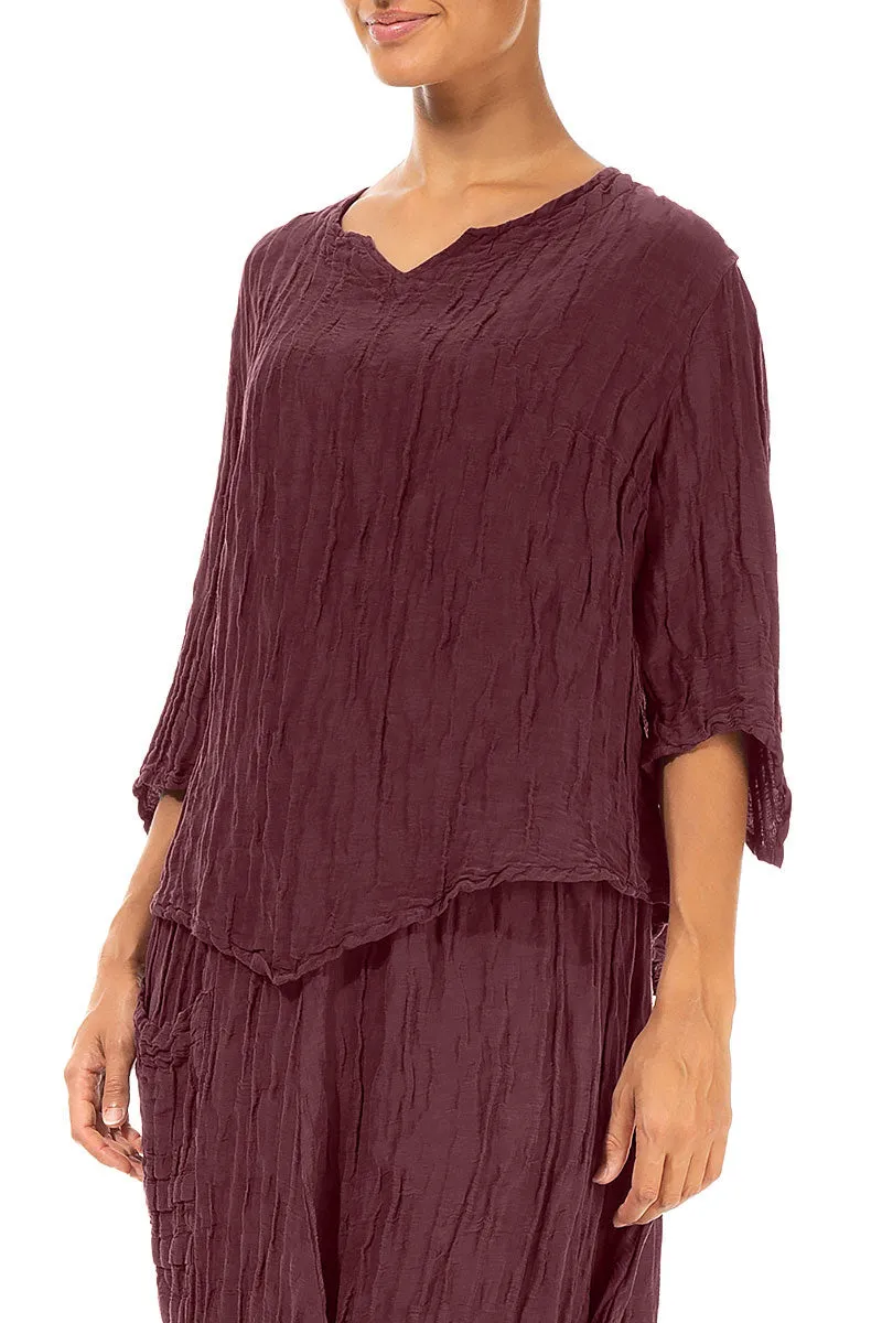 V-Neck Crinkled Merlot Silk Blouse