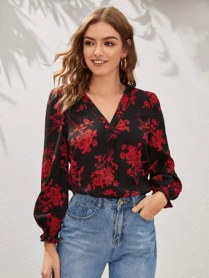 V-Neck Ruffle Cuff Floral Print Top