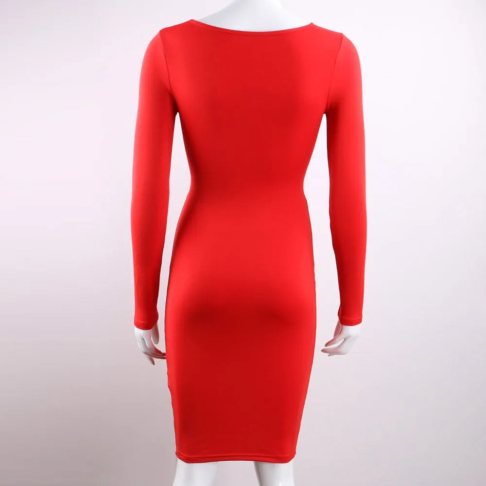 VenusFox Red Black White Long Sleeve Elastic Cotton Warm Party Dresses