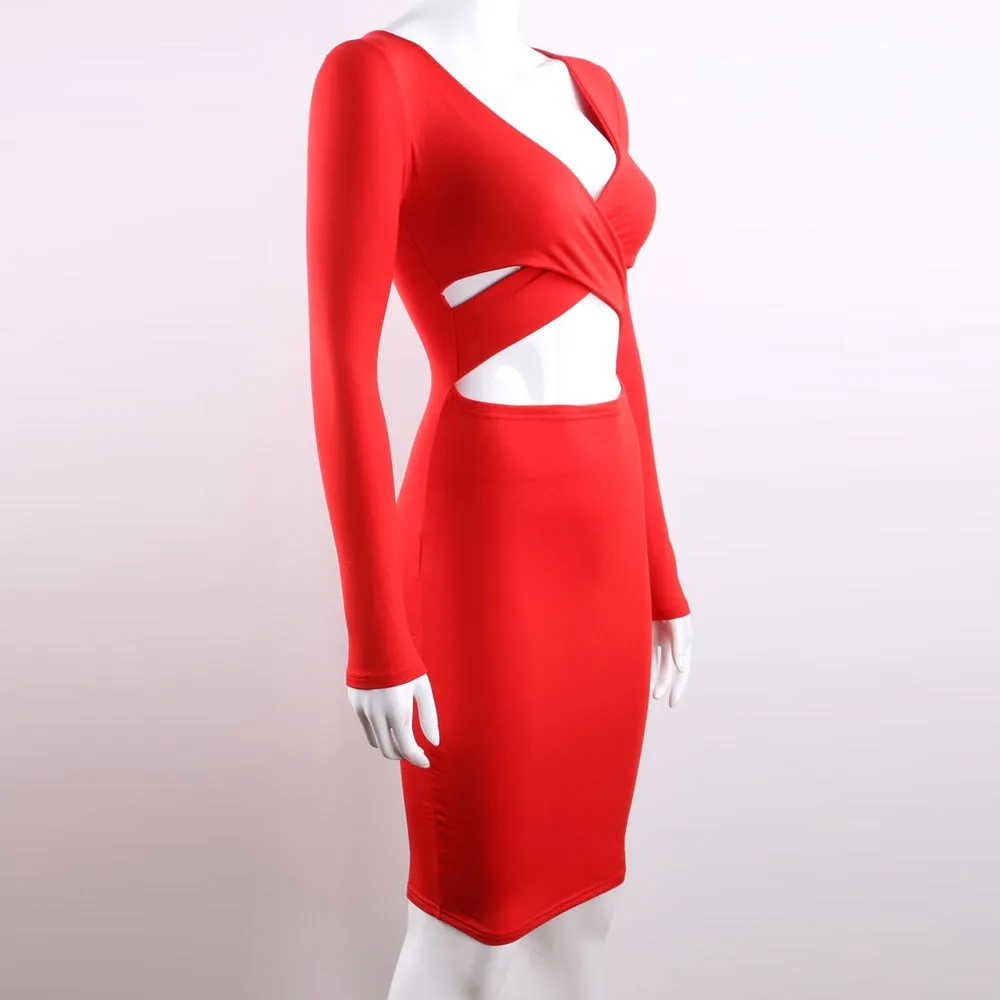 VenusFox Red Black White Long Sleeve Elastic Cotton Warm Party Dresses