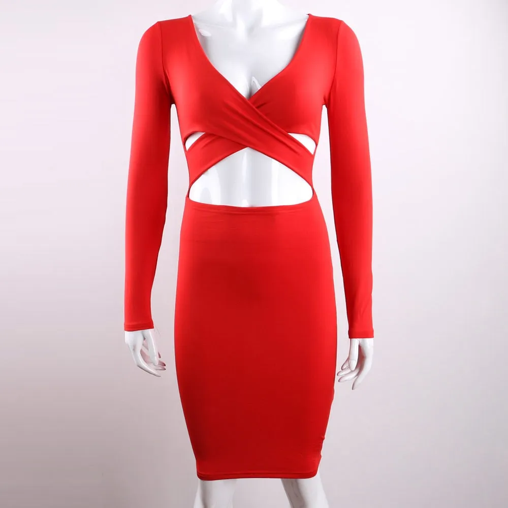 VenusFox Red Black White Long Sleeve Elastic Cotton Warm Party Dresses