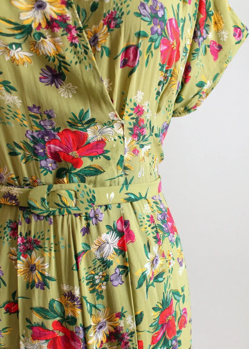 Vintage 1940s Green Floral Rayon Day Dress