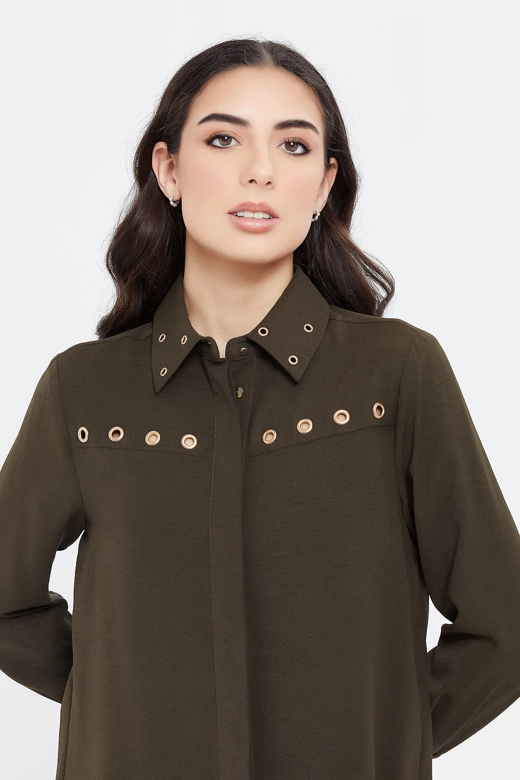 Women Olive Eyelet Detailed Shirt