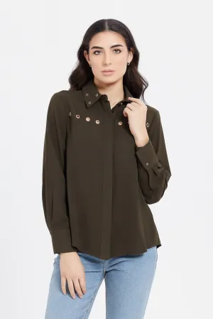 Women Olive Eyelet Detailed Shirt