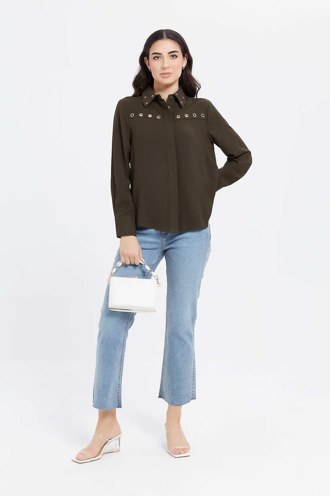 Women Olive Eyelet Detailed Shirt