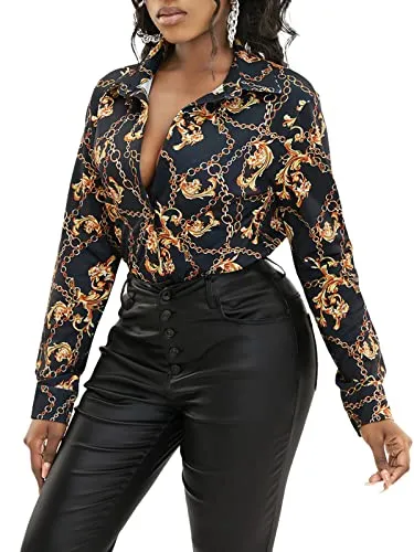 Women's Sexy Floral Blouses Loose Long Sleeve Button Down Tops Collar Shirts Dress