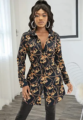 Women's Sexy Floral Blouses Loose Long Sleeve Button Down Tops Collar Shirts Dress