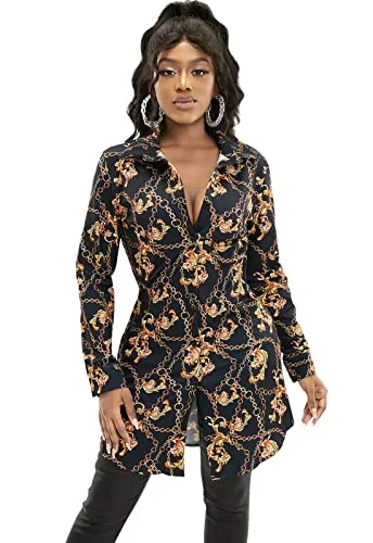 Women's Sexy Floral Blouses Loose Long Sleeve Button Down Tops Collar Shirts Dress