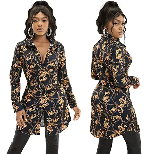 Women's Sexy Floral Blouses Loose Long Sleeve Button Down Tops Collar Shirts Dress